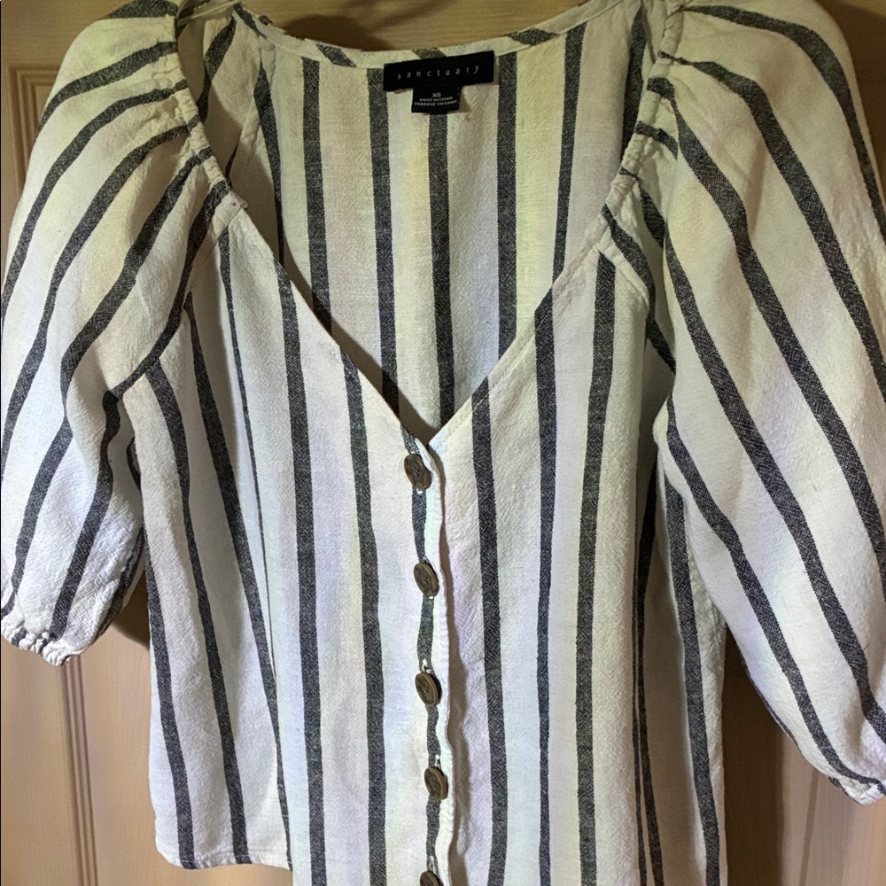 Sanctuary White and Black Vertical-Stripe Button-Down Blouse